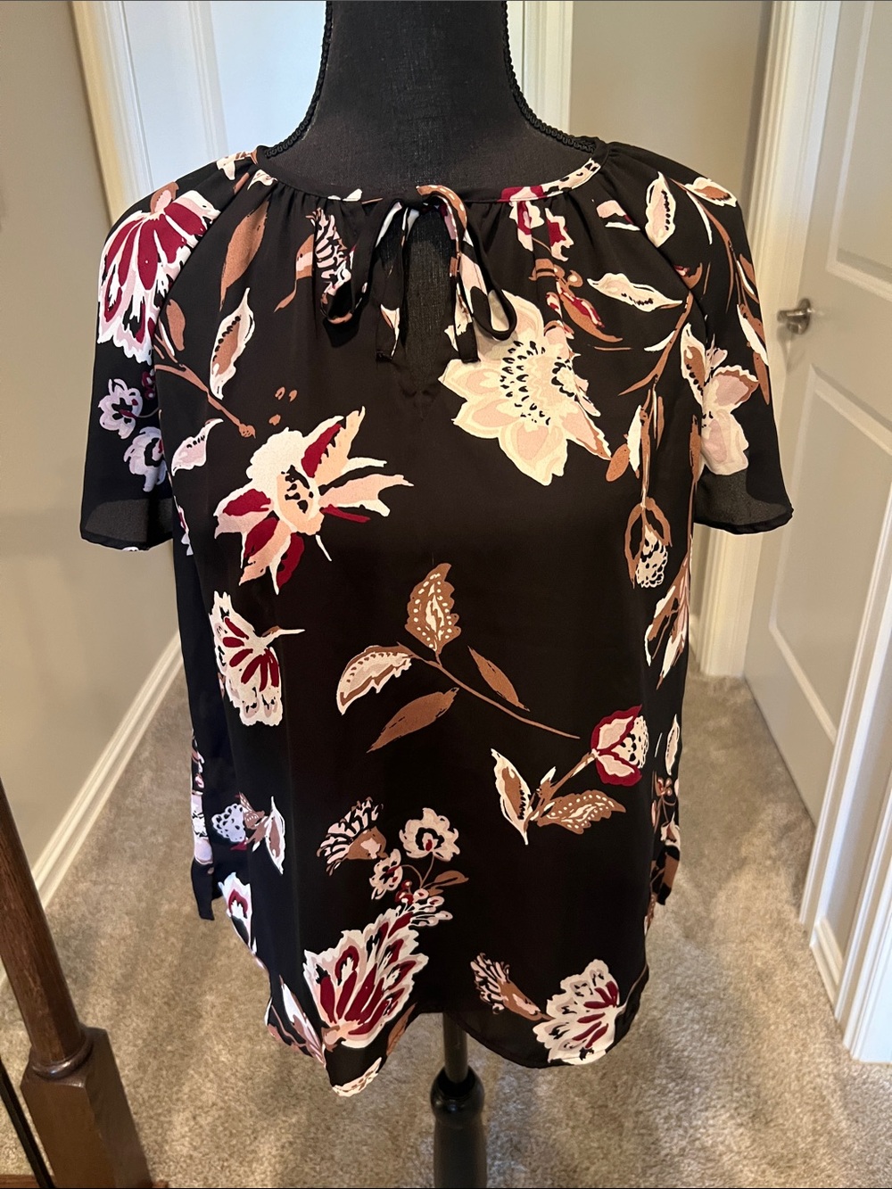 Maurices Black Floral Tie-Neck Blouse with Burgundy and Cream Flowers